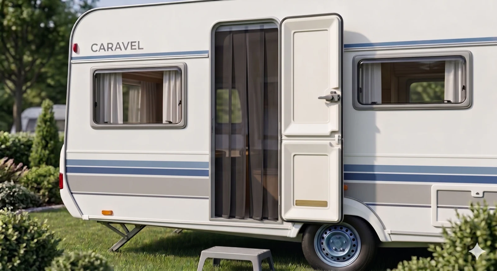 Caravan flyscreen door fitted across the open door of a Caravel touring caravan