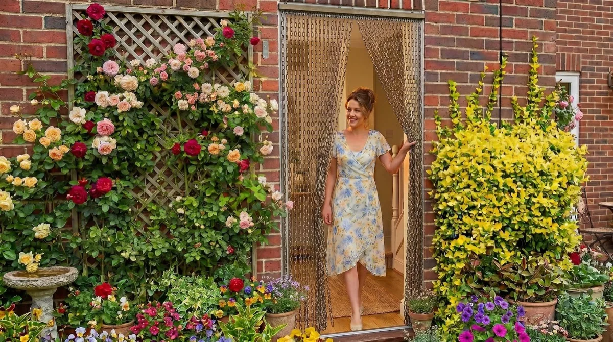 Aluminium chain fly screen door hanging in a doorway surrounded by garden flowers