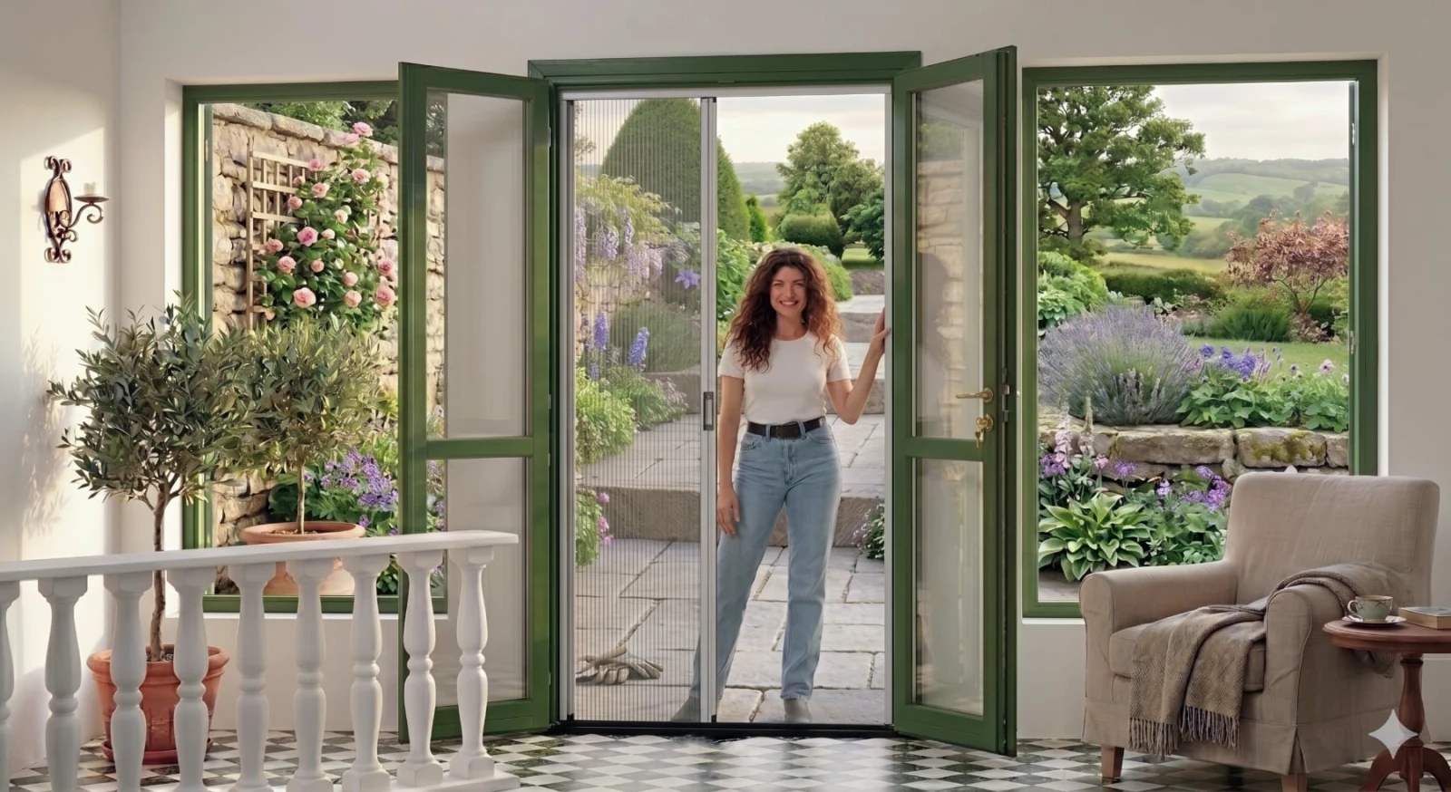 Roller flyscreen door fitted to green French doors, woman walking through into a country garden