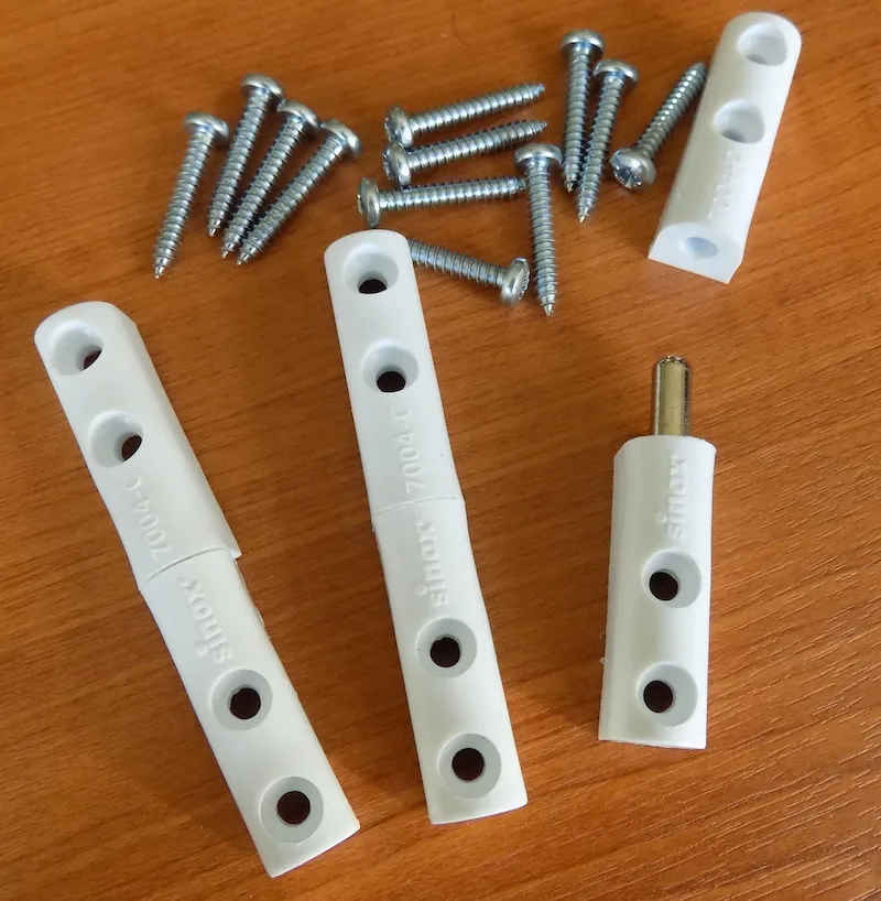Set of three white flyscreen door split hinges with fixing screws