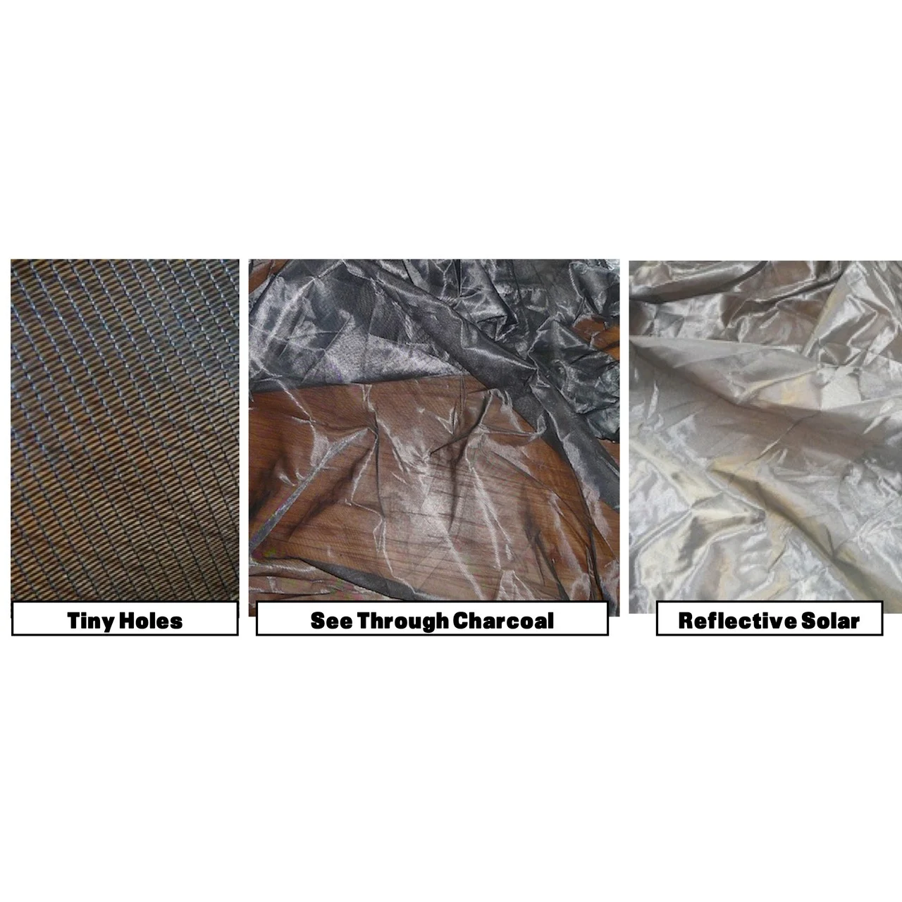 Solar and pollen flyscreen mesh: tiny holes, see-through charcoal and reflective solar lining