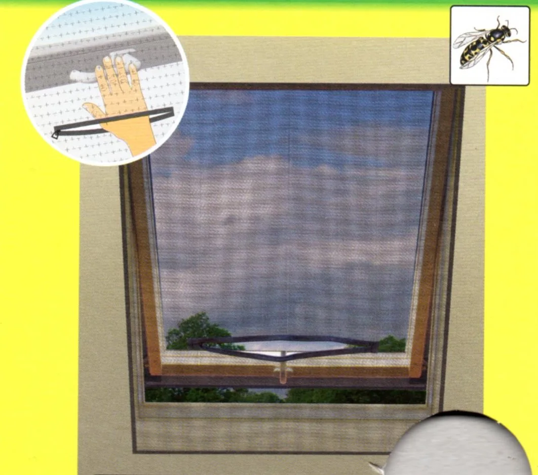 Solar and pollen flyscreen fitted to a Velux skylight window, with a hand smoothing the mesh into place