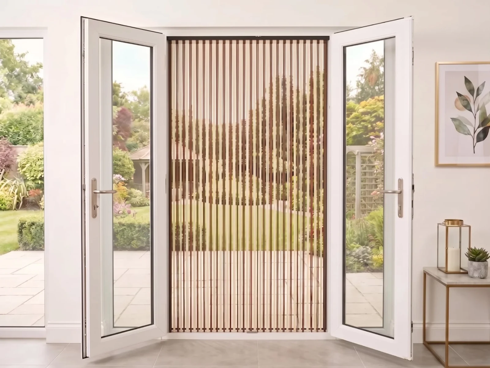 Strip Flyscreen Door - Coffee & Cream variant across French doors