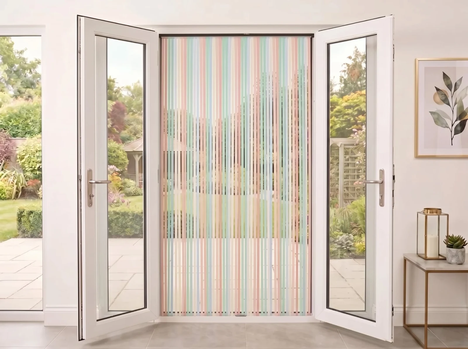 Strip Flyscreen Door - Pastel colours fitted across open French doors