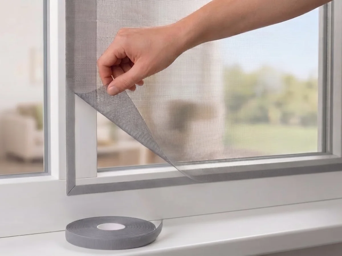 Grey self-adhesive fibreglass flyscreen being fitted to a window frame