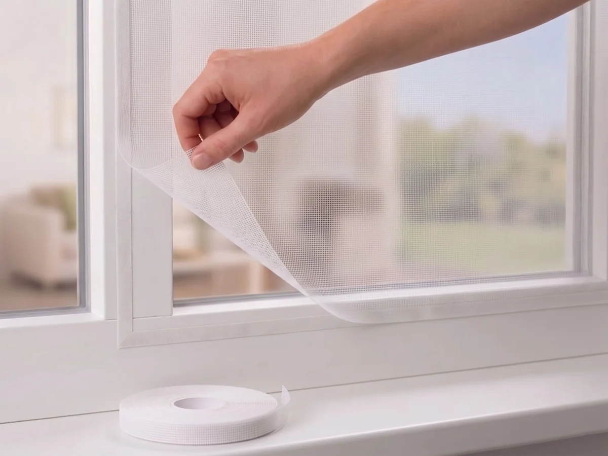 White self-adhesive fibreglass flyscreen being lifted from a window frame, with white hook-and-loop tape on the sill